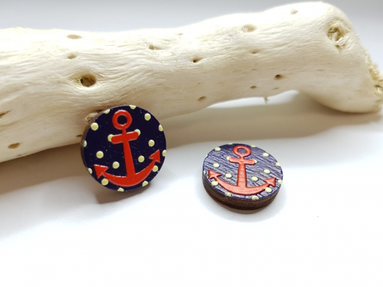 Anker 3D Holz Scheiben Ohrstecker anchor rot blau